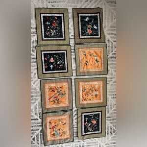 8- Chinese silk embroidered floral and birds panels ( all different stitching)